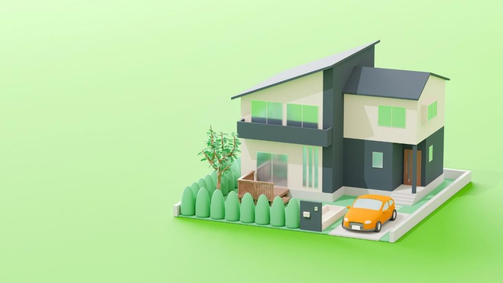 薄い緑の背景に置かれた庭と車庫付き一戸建ての3Dイラスト