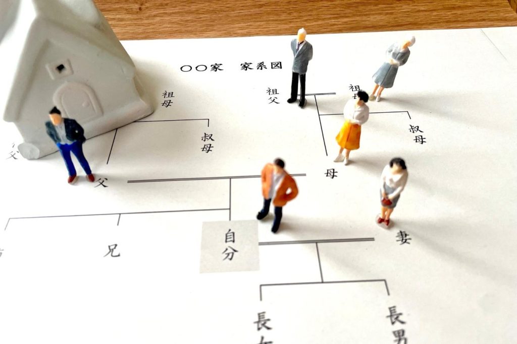 家系図の上に置かれた家の模型と人形