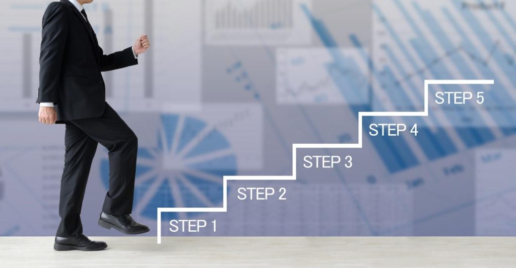 「STEP1」「STEP2」と書かれた階段を上るイメージ