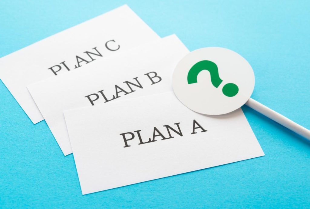 「PLAN A」「PLAN B」「PLAN C」と書かれた紙とクエスチョンマークの札